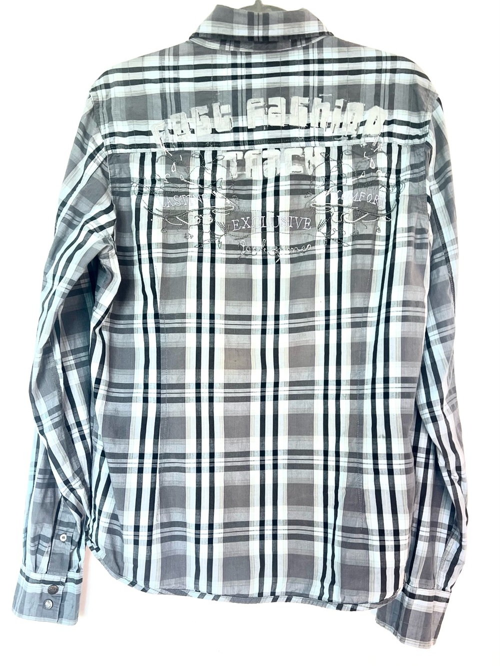 Renuar Men L Gray Plaid Graphic Button Up Y2K Shirt